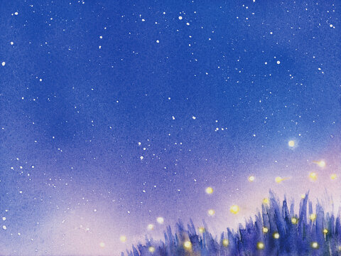 星空と幻想的な蛍の光　水彩画