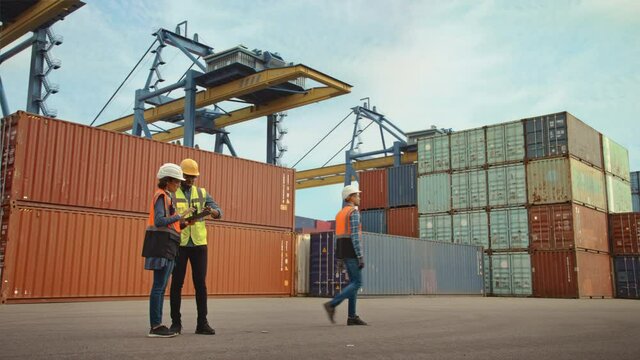 Multiethnic Female Industrial Engineer with Tablet and Black African American Male Supervisor in Hard Hats Stand in Container Terminal