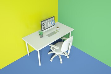 Office desk with Graph on computer screen in the colorful empty room, information researching. minimal workplace concept. office interior. 3d rendering