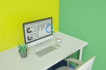 Office desk with Graph on computer screen, information researching. minimal workplace concept. office interior. 3d rendering