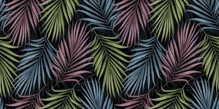 Tropical exotic seamless pattern with color palm leaves on dark background. Hand-drawn vintage illustration and texture. Good for production wallpapers, wrapping paper, cloth, fabric printing, goods.