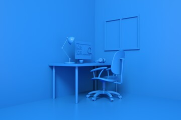 Red Contemporary Home office workplace concept with laptop mockup and other objects. Graph on computer screen, information researching. 3D Rendering. Work from home concept. Minimal idea concept.