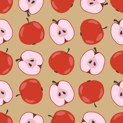 Apple seamless pattern. Red apples, halfs apple and apple seeds on beige background. Hand-drawing design for packaging, wrapping paper, fabric, textile. - 410068339
