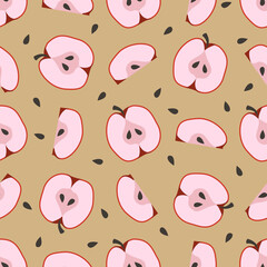 Apple seamless pattern. Red apples halfs and apple seeds on beige background. Hand-drawing design for packaging, wrapping paper, fabric, textile. - 410068344
