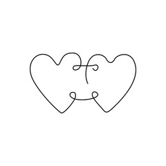 Stitched hearts, continuous line drawing, valentines card, two hearts sewn needle thread pattern, single line on a white background, tattoo, print and logo design, isolated vector. 