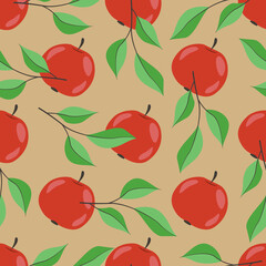 Apple seamless pattern. Red apples and apple branches on beige background. Hand-drawing design for packaging, wrapping paper, fabric, textile. - 410068399