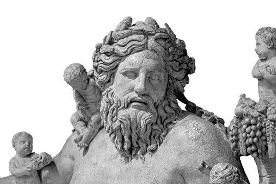 Ancient statue of Nile river god. Head and shoulders detail of the ancient art sculpture bearded man isolated on background