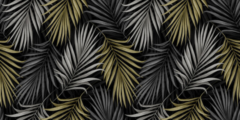 Tropical luxury seamless pattern with golden palm leaves on dark background. Hand-drawn vintage illustration and texture. Good for production wallpapers, wrapping paper, cloth, fabric printing, goods.