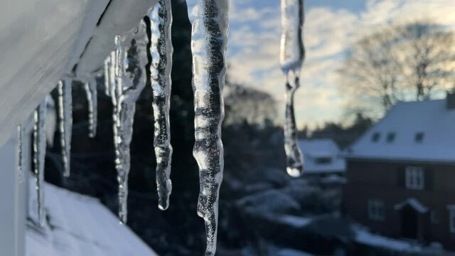 Macro View on melting Icicles on a beautiful Morning in Winter