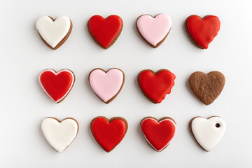 Background from many hearts shaped gingerbread. Valentines Day, white background. Mothers day.