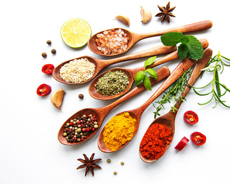 Various Spices Isolated On White Background, Top View