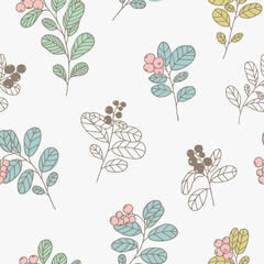 Elegant hand-drawn seamless pattern with branches of wild berries. Applicable for creating wrapping papers, wallpapers, fabrics and decorative backgrounds. Vector illustration.