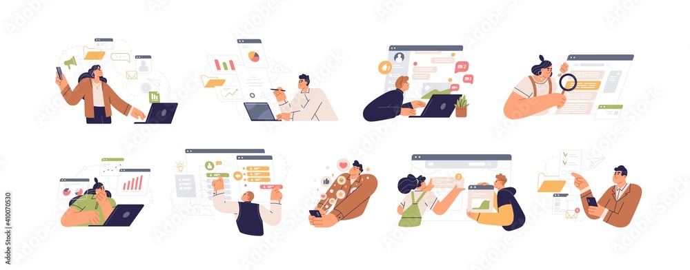 Poster People working with big data, analyzing and auditing business processes. Online communication, analytics, management and multitasking. Colored flat vector illustration isolated on white background