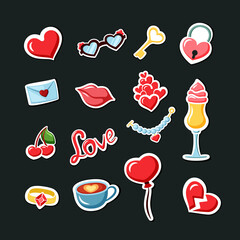 Romantic date stickers set. Fashionable Valentines Day decoration with heart and key passionate red kiss and balloon with precious necklace wedding invitation amorous party. Vector romance.