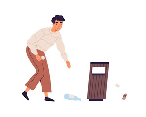 Scene with young man collecting rubbish to throw it into trash can. Guy cleaning street by picking up plastic litter. Colored flat vector illustration isolated on white background