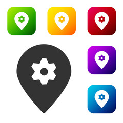 Black Location with car service icon isolated on white background. Auto mechanic service. Repair service auto mechanic. Set icons in color square buttons. Vector Illustration.