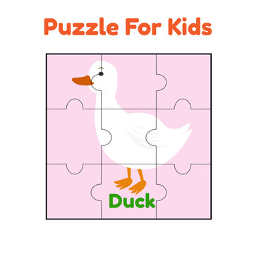 Puzzle Game Animal Duck for Kids Jigsaw Pieces Color Worksheet Cartoon Vector