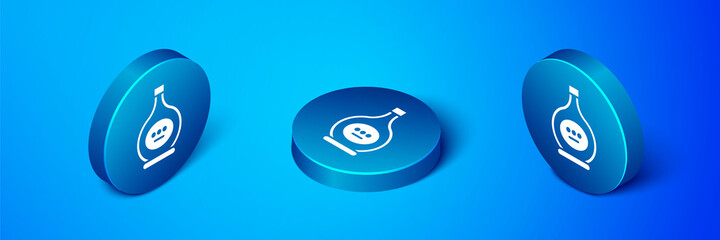 Isometric Bottle of cognac or brandy icon isolated on blue background. Blue circle button. Vector Illustration.