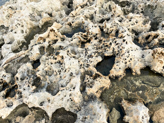 Sand with holes on the seashore. Sandy rocks on the beach of Mediterranean sea. Rough surface background.