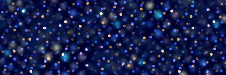 Dark toned festive shimmer blur background with blue yellow sparkles pattern. Web banner.