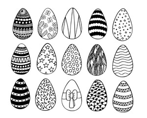 Set of decorated Easter eggs. Isolated illustrations in doodle style on white background.