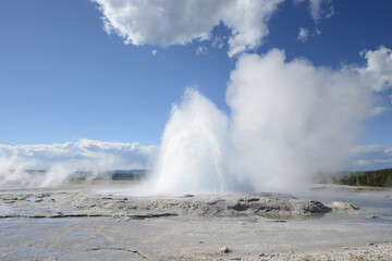 A small geyser at Yellowstone National Park erupting on a sunny day with a few clouds