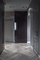 home design, hallway, corridor interior in modern scandinavian style in natural tones in gray color