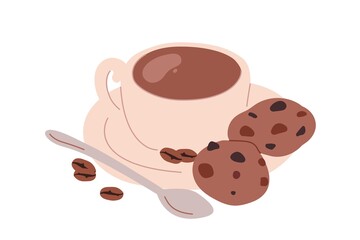 Cup of fresh brewed hot drink served with whole coffee beans, handmade chocolate cookies or biscuits. Tasty sweet breakfast or dessert. Flat vector illustration isolated on white background