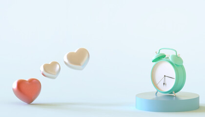 Red Heart and Alarm clock Blue in love with Creative Time frame Concept on blue Background.design for banner,Copy space - 3d rendering