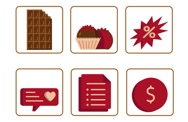 Flat icon set. Chocolate bar, candie. Sweet business highlights