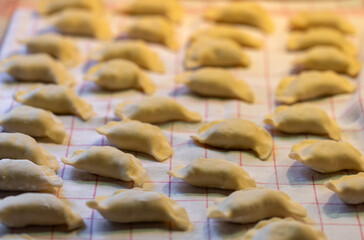 Dumplings are made by hand. Raw dumplings stuffed with meat in line in the home kitchen