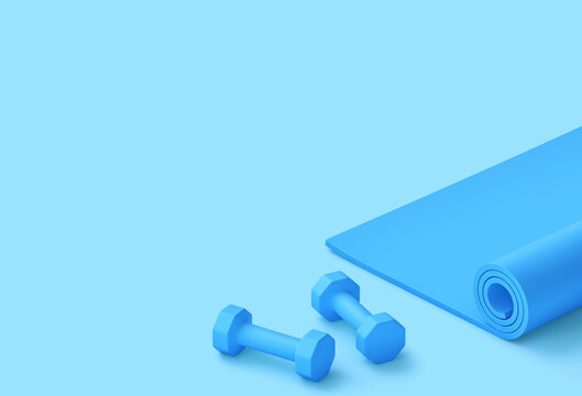 Blue fitness mat and dumbbells. Fitness background