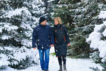 couple walking in a winter forest, two adult people, man and woman, beautiful nature with bright snowy fir trees