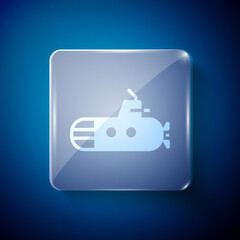 Fototapeta premium White Submarine icon isolated on blue background. Military ship. Square glass panels. Vector.