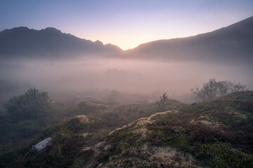 Foggy view from Lofoten Norway at bright summer night. - 410073903