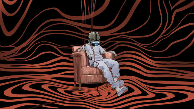 man sitting on armchair wearing virtual reality headset, digital art style, digital painting