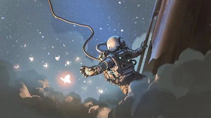 Zelfklevend Fotobehang De astronaut reikt uit om de gloeiende vlinder in de lucht te vangen, digitale kunststijl, illustratie, schilderij © grandfailure