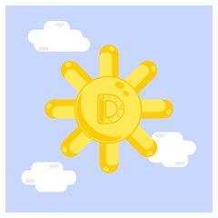 Vitamin D icon. Shining sun in blue sky with white clouds.  Isolated vector illustration.