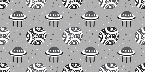 Trendy seamless space patterns. Ufo in cosmos backgrounds for cosmonautics day. Endless texture of universe for wallpaper, wrapping paper