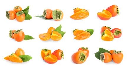 Set of delicious fresh ripe persimmons on white background
