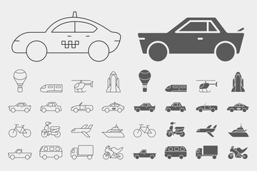 Transportation Icons set - Vector outline symbols and silhouettes of train, car, ship, bicycle, bus, airplane and etc. for the site or interface