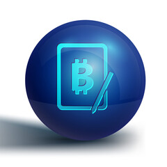 Blue Mining bitcoin from graphic tablet icon isolated on white background. Cryptocurrency mining, blockchain technology service. Blue circle button. Vector.