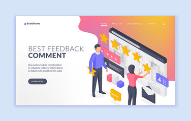 People leaving best feedback comment. Isometric vector banner