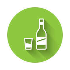 White Bottle of vodka with glass icon isolated with long shadow. Green circle button. Vector.