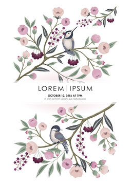 Vector illustration of a floral frame with little birds on branch in spring. Design for cards, party invitation, Print, Frame Clip Art and Business Advertisement and Promotion 
