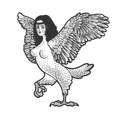 Siren Greek mythical creature sketch engraving vector illustration. T-shirt apparel print design. Scratch board imitation. Black and white hand drawn image.