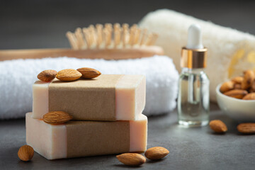 Fototapeta na wymiar Handmade soap almond on dark background