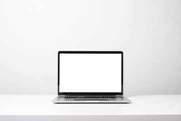 modern contemporary workspace with laptop computer, office stationery and supply on desk