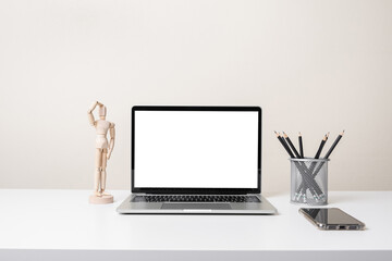 Fototapeta premium modern contemporary workspace with laptop computer, office stationery and supply on desk