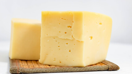 A cut piece of hard cheese close-up on a light background.